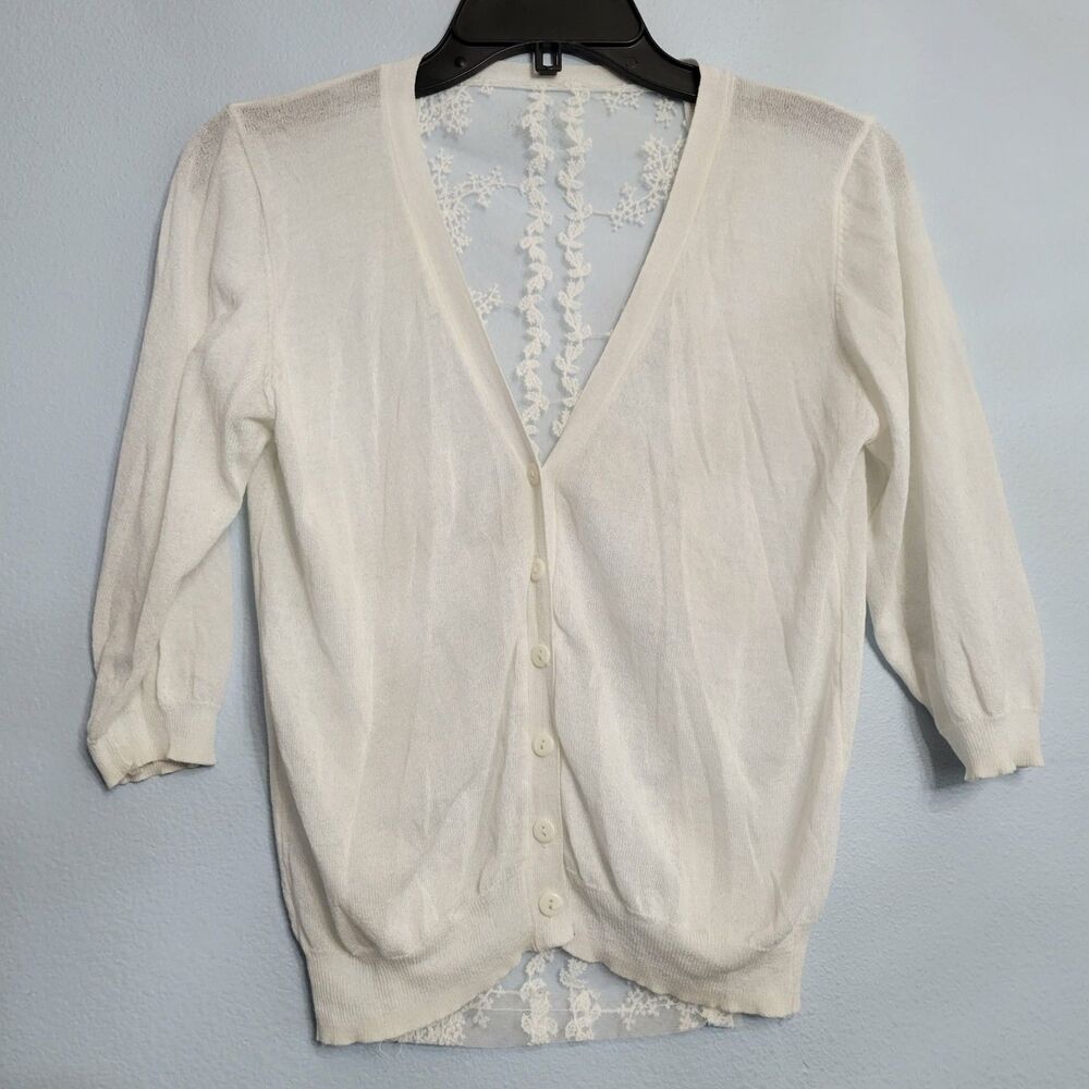 White Lace Back Cardigan Sweater 3/4 Sleeve V-Neck Coquette Balletcore Fairy SM